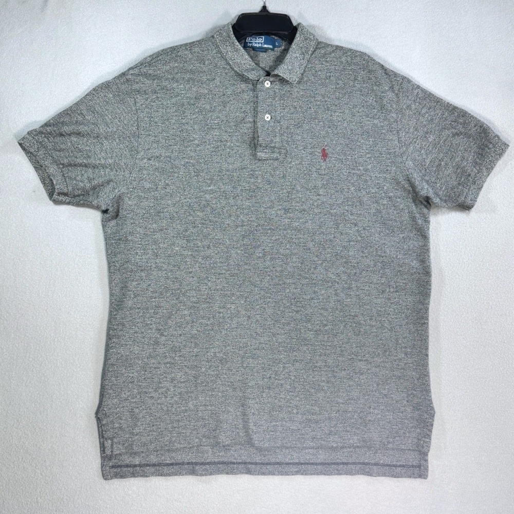 Vtg POLO RALPH LAUREN Short Sleeve Polo Shirt Mens L Grey Heather Red Pony Y2K